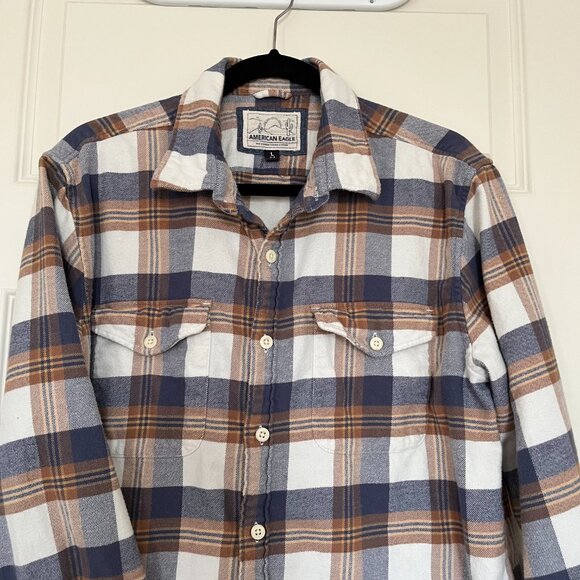 American Eagle Men’s Flannel Shirt – Plaid Button Down, Brown Blue White, Size L - Picture 2 of 7